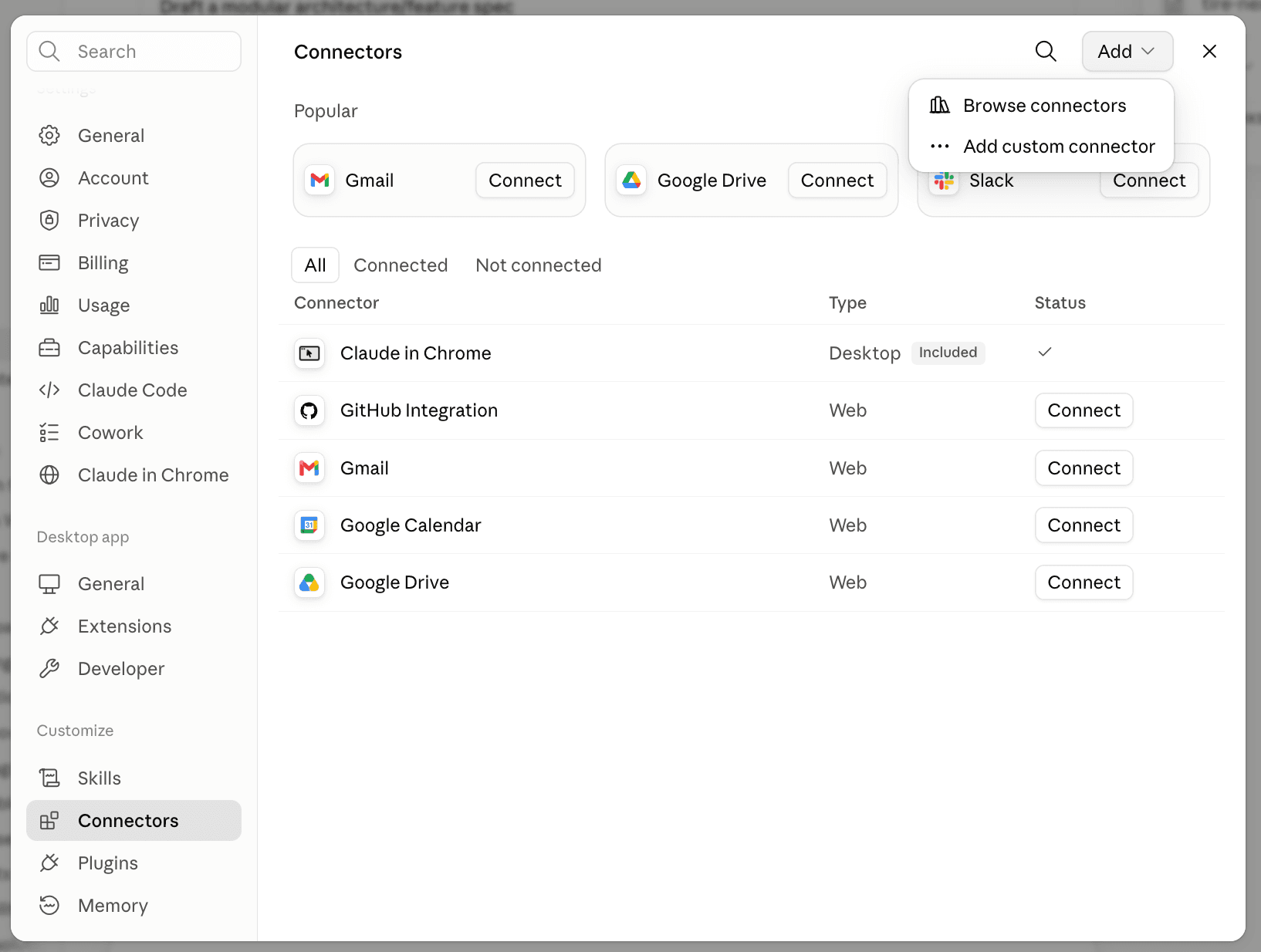 Claude's Connectors settings with the Add menu open on “Add custom connector”