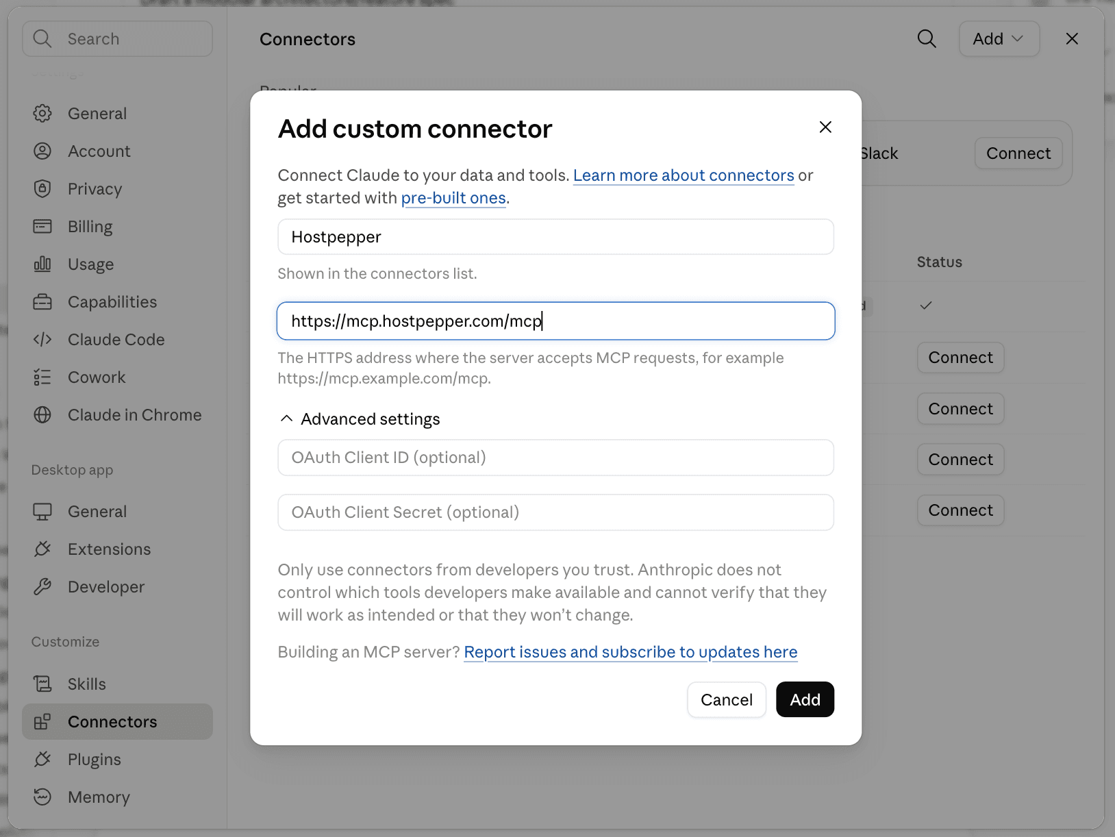 The Add custom connector dialog, named HostPepper, with the connector link pasted into the URL field