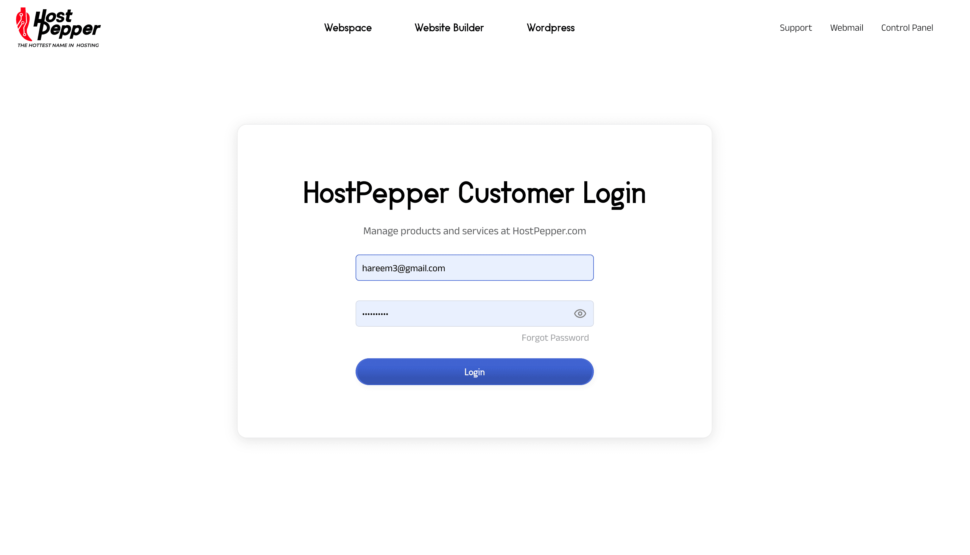 The HostPepper customer login page opened in a browser tab