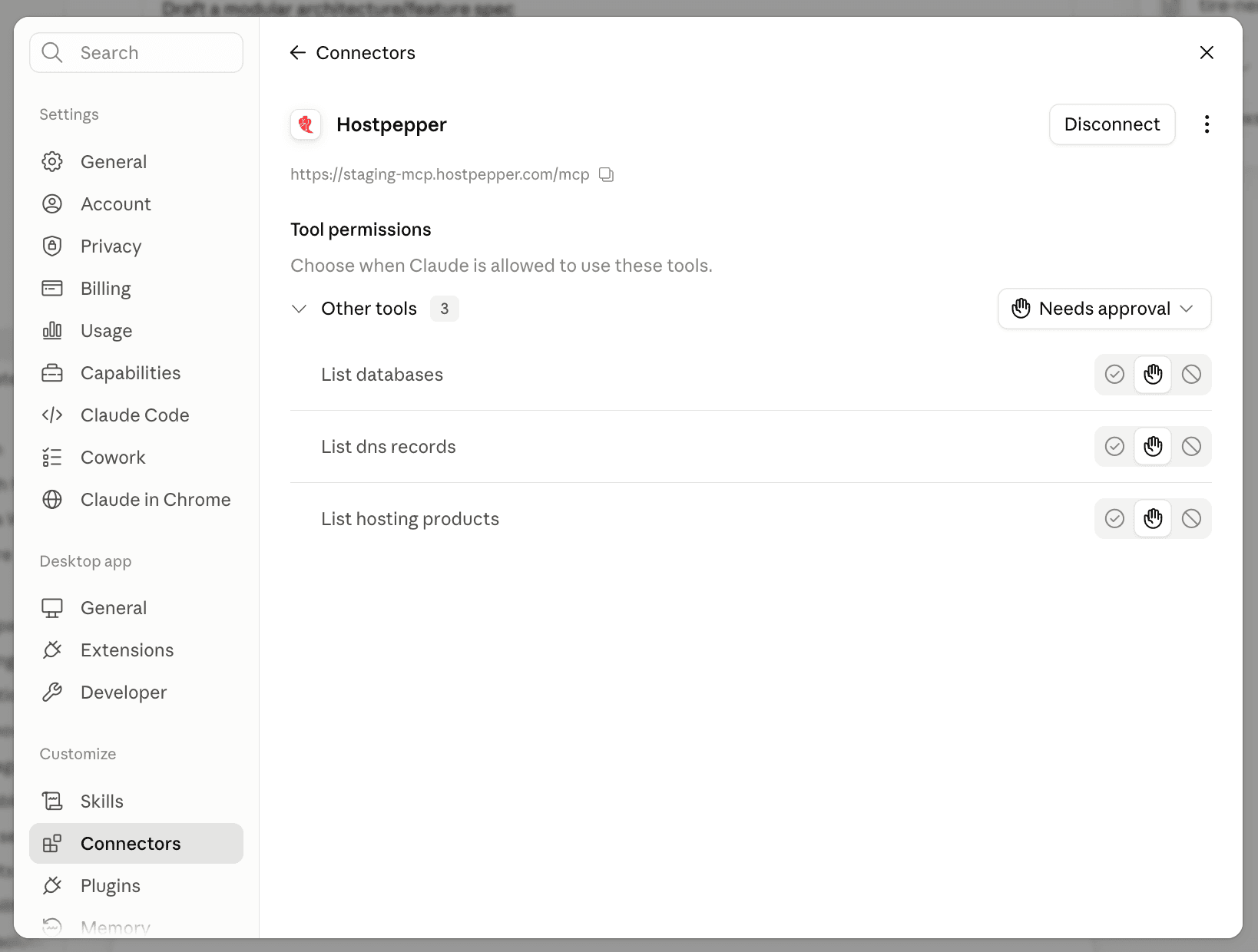 The connected HostPepper connector, showing its tool permissions and a Disconnect button